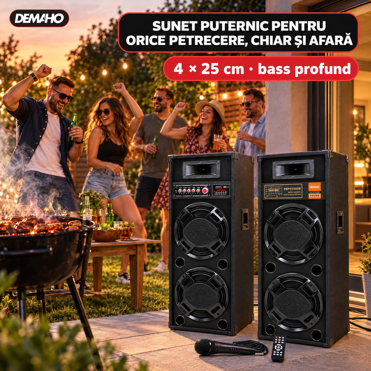 Set Boxe Active Profesionale DEMAHO 600W RMS, 95 cm, 4 Difuzoare 25 cm, Karaoke, Bluetooth, USB, Radio FM, Ecran LCD + CADOU Microfon și Telecomandă