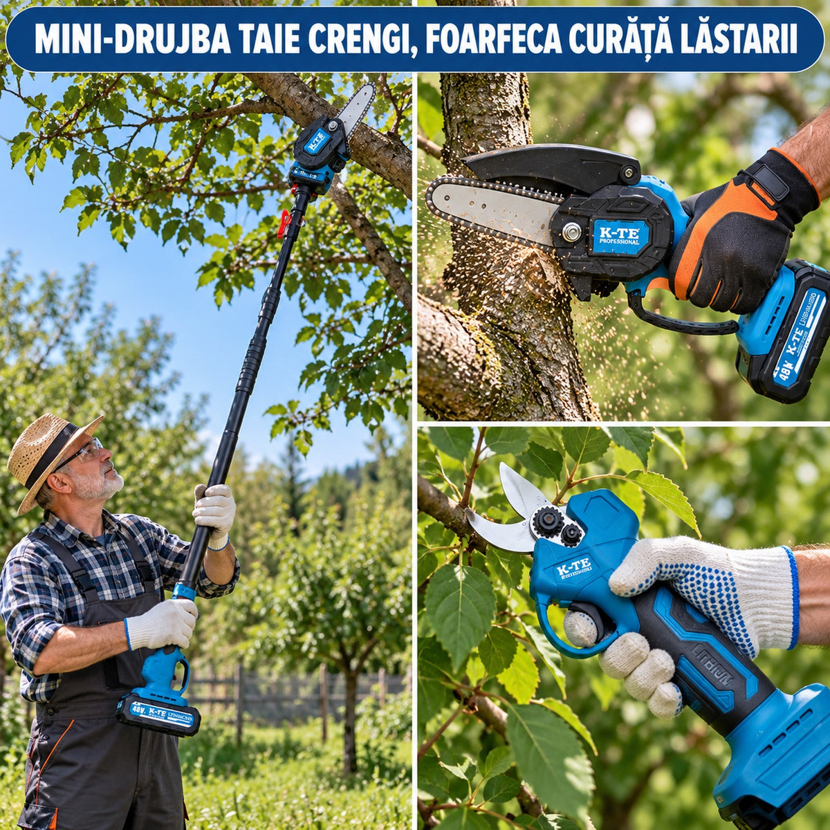 Set profesional mini-drujbă și foarfecă electrică cu braț telescopic