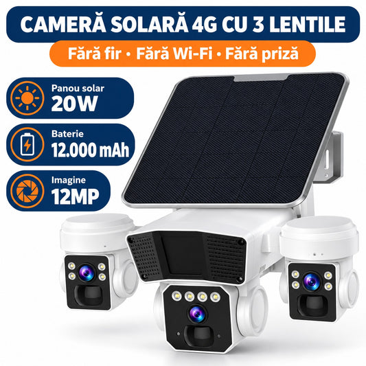 Camera de supraveghere solara 12MP 4G, Multi-lentile, Panou 20W, vedere nocturna, senzor miscare
