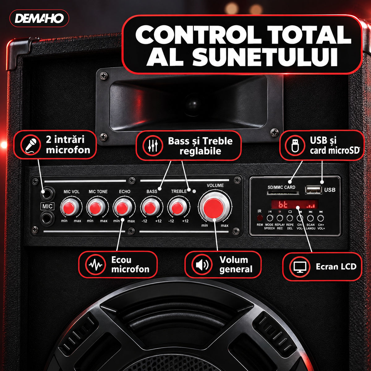 Set Boxe Active Profesionale DEMAHO 600W RMS, 95 cm, 4 Difuzoare 25 cm, Karaoke, Bluetooth, USB, Radio FM, Ecran LCD + CADOU Microfon și Telecomandă