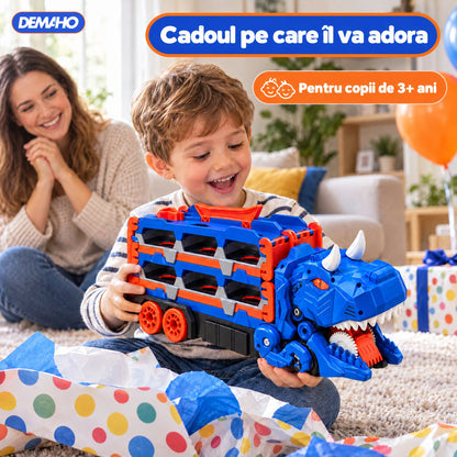 Camion Transportor Dinozaur 2 în 1, se Transformă în Pistă de Curse de 1,5 m, Lansare Dublă, Înghite Mașinuțe, Garaj pe 2 Etaje, 6 Mașinuțe Incluse, Albastru, 3+ ani
