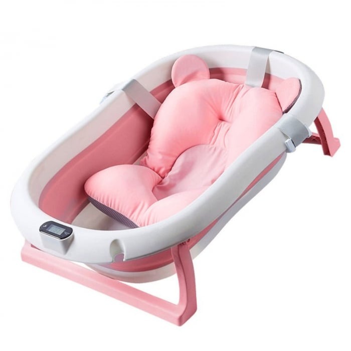 Cadita cu pernuta pentru bebelusi, termometru digital incorporat, pliabila, dop de scurgere, picioare anti-alunecare, design ergonomic, 75 x 45 x 22 cm, Roz/Albastru pastel