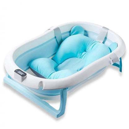 Cadita cu pernuta pentru bebelusi, termometru digital incorporat, pliabila, dop de scurgere, picioare anti-alunecare, design ergonomic, 75 x 45 x 22 cm, Roz/Albastru pastel
