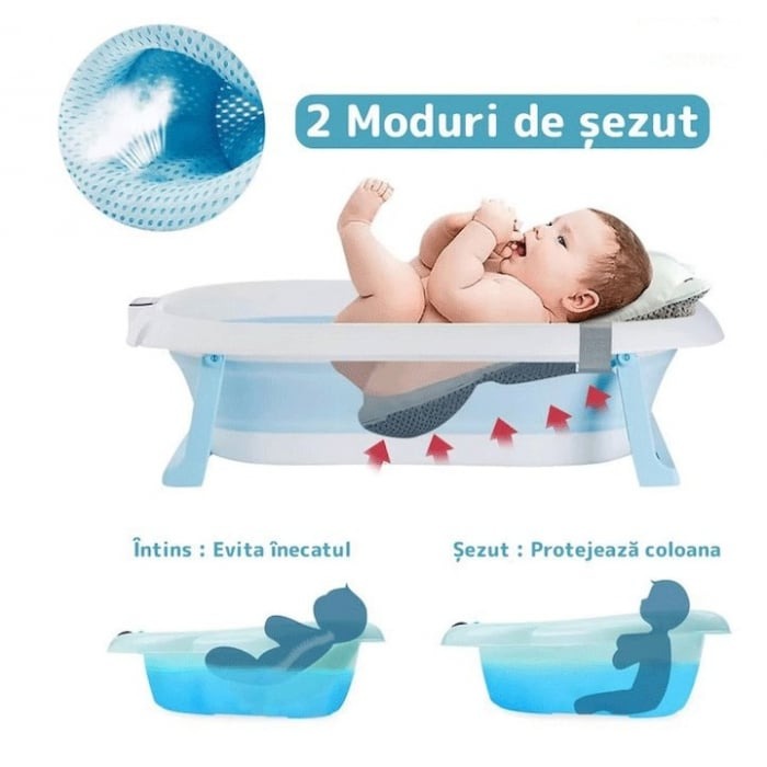 Cadita cu pernuta pentru bebelusi, termometru digital incorporat, pliabila, dop de scurgere, picioare anti-alunecare, design ergonomic, 75 x 45 x 22 cm, Roz/Albastru pastel
