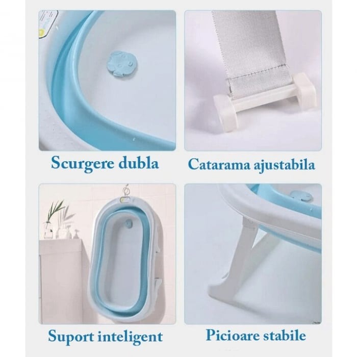 Cadita cu pernuta pentru bebelusi, termometru digital incorporat, pliabila, dop de scurgere, picioare anti-alunecare, design ergonomic, 75 x 45 x 22 cm, Roz/Albastru pastel