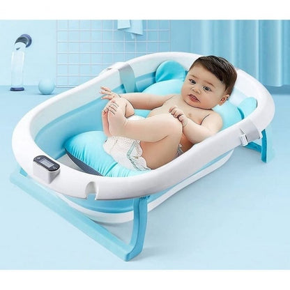 Cadita cu pernuta pentru bebelusi, termometru digital incorporat, pliabila, dop de scurgere, picioare anti-alunecare, design ergonomic, 75 x 45 x 22 cm, Roz/Albastru pastel