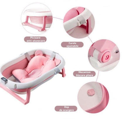 Cadita cu pernuta pentru bebelusi, termometru digital incorporat, pliabila, dop de scurgere, picioare anti-alunecare, design ergonomic, 75 x 45 x 22 cm, Roz/Albastru pastel