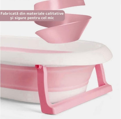 Cadita cu pernuta pentru bebelusi, termometru digital incorporat, pliabila, dop de scurgere, picioare anti-alunecare, design ergonomic, 75 x 45 x 22 cm, Roz/Albastru pastel