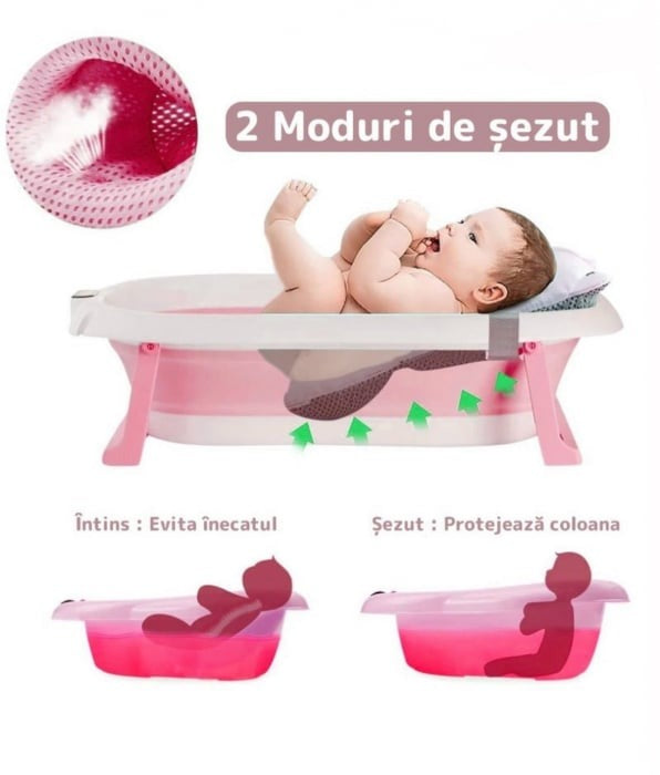 Cadita cu pernuta pentru bebelusi, termometru digital incorporat, pliabila, dop de scurgere, picioare anti-alunecare, design ergonomic, 75 x 45 x 22 cm, Roz/Albastru pastel