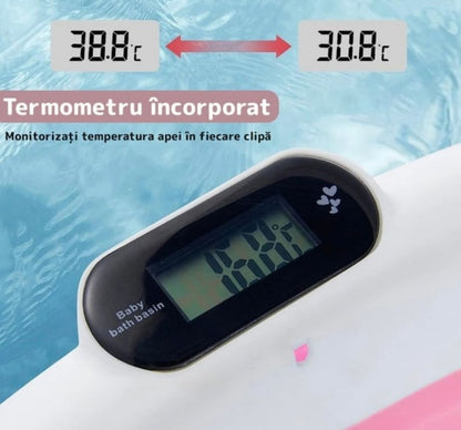 Cadita cu pernuta pentru bebelusi, termometru digital incorporat, pliabila, dop de scurgere, picioare anti-alunecare, design ergonomic, 75 x 45 x 22 cm, Roz/Albastru pastel