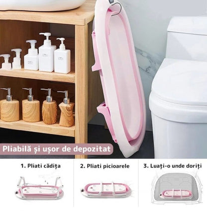 Cadita cu pernuta pentru bebelusi, termometru digital incorporat, pliabila, dop de scurgere, picioare anti-alunecare, design ergonomic, 75 x 45 x 22 cm, Roz/Albastru pastel