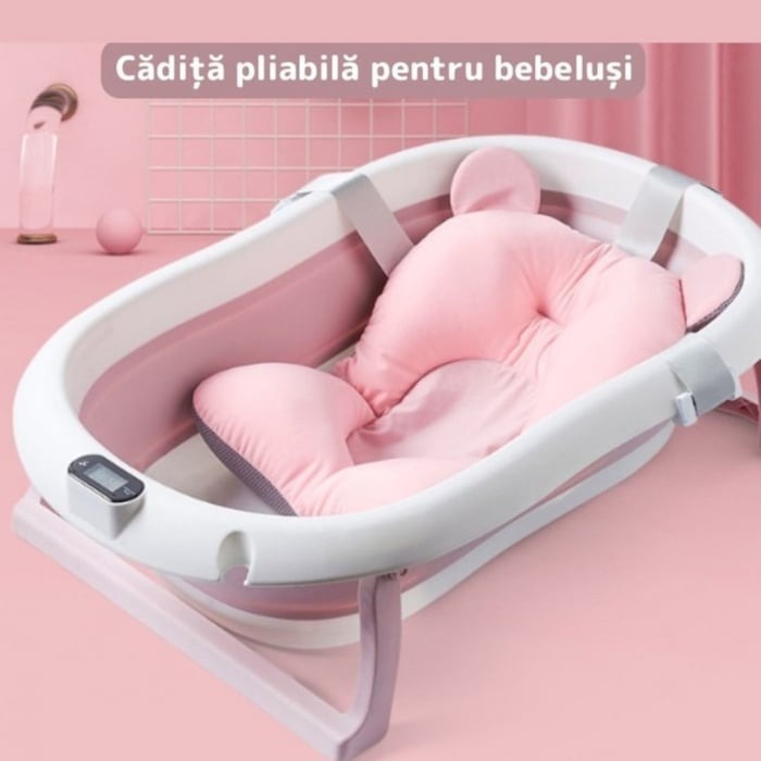 Cadita cu pernuta pentru bebelusi, termometru digital incorporat, pliabila, dop de scurgere, picioare anti-alunecare, design ergonomic, 75 x 45 x 22 cm, Roz/Albastru pastel