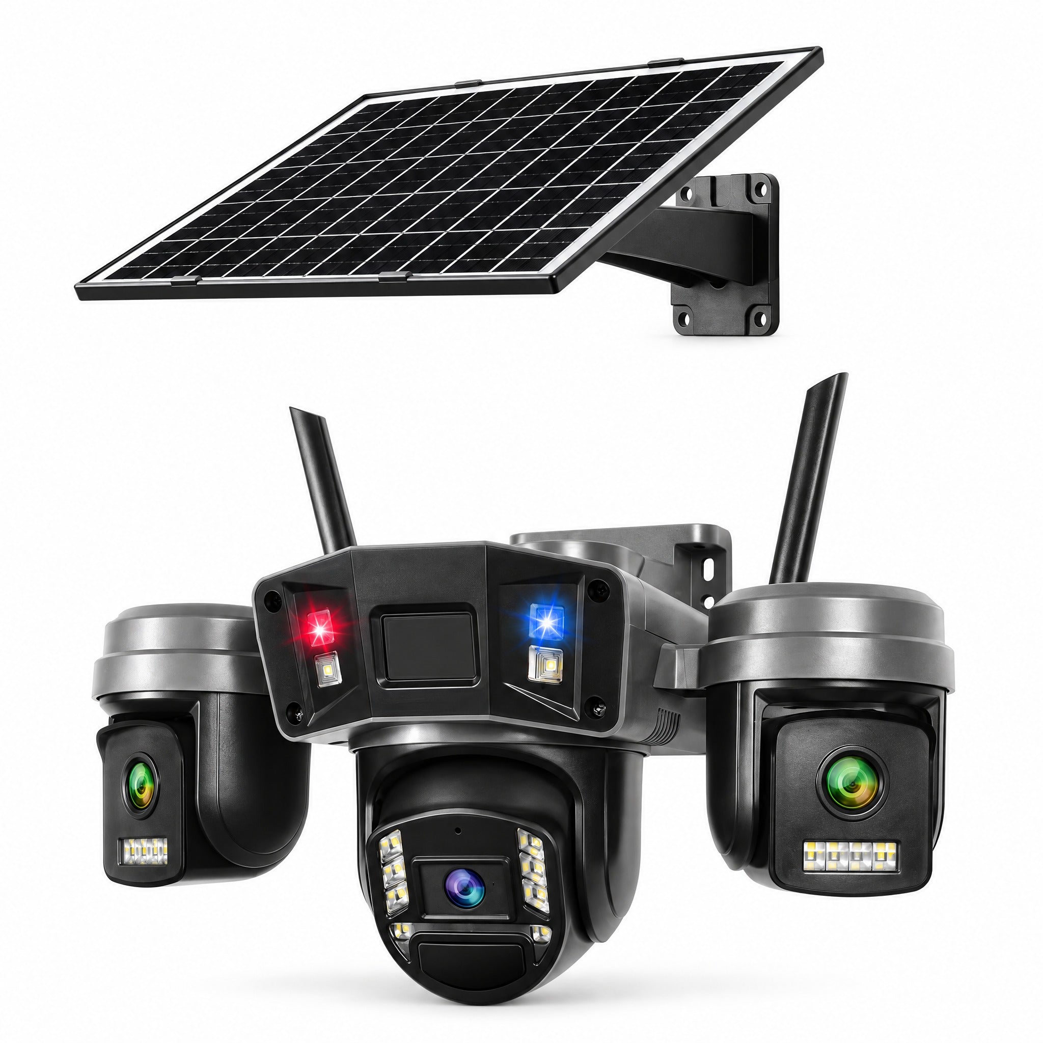 Cameră de Supraveghere Solară 4G cu 3 Obiective, Panou Solar Inclus, Baterie 12.000 mAh, Înregistrare Non-Stop 24/7, Rotire PTZ, Detecție Persoane, Audio Bidirecțional, Vedere Nocturnă, Negru