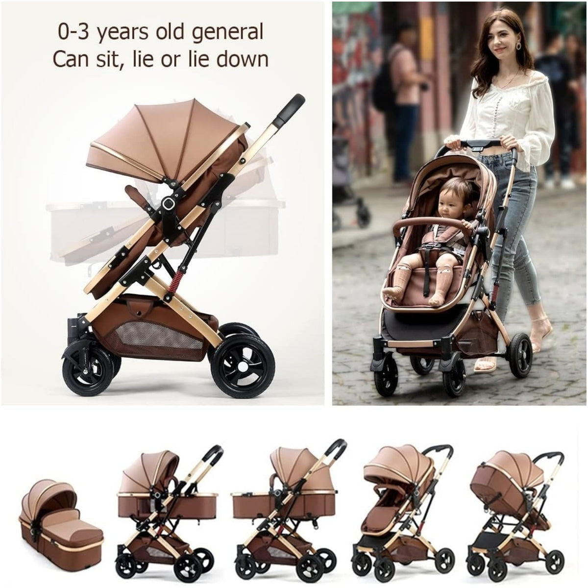 Carucior copii cu suspensii 2 in 1 transformabil landou-sport cu maner protectie din piele, cos pentru accesorii