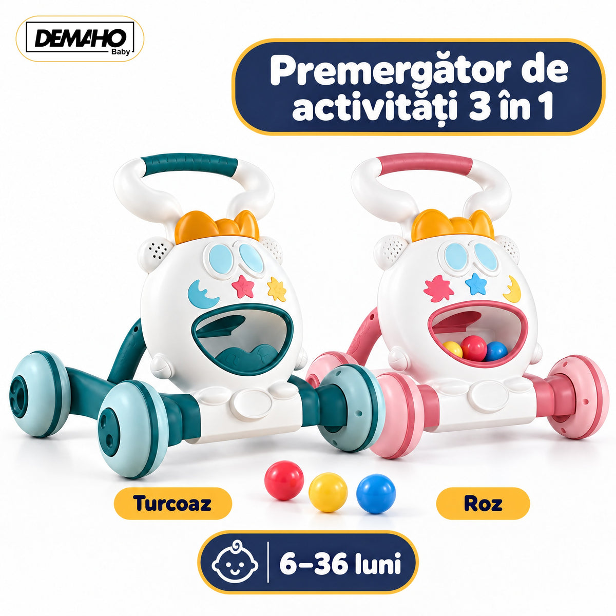 Premergător de Activități 3 în 1 DEMAHO, Lumini și Muzică, Mingi Colorate, Jucării Detașabile, Roți Antiderapante, Pliabil, 6-36 Luni
