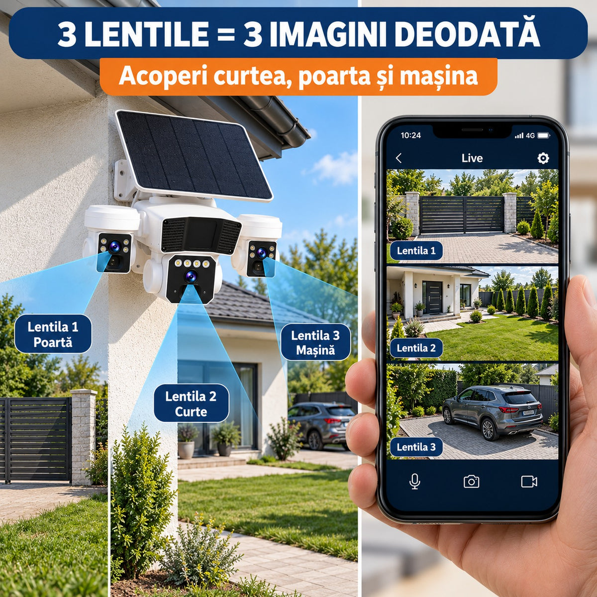 Camera de supraveghere solara 12MP 4G, Multi-lentile, Panou 20W, vedere nocturna, senzor miscare