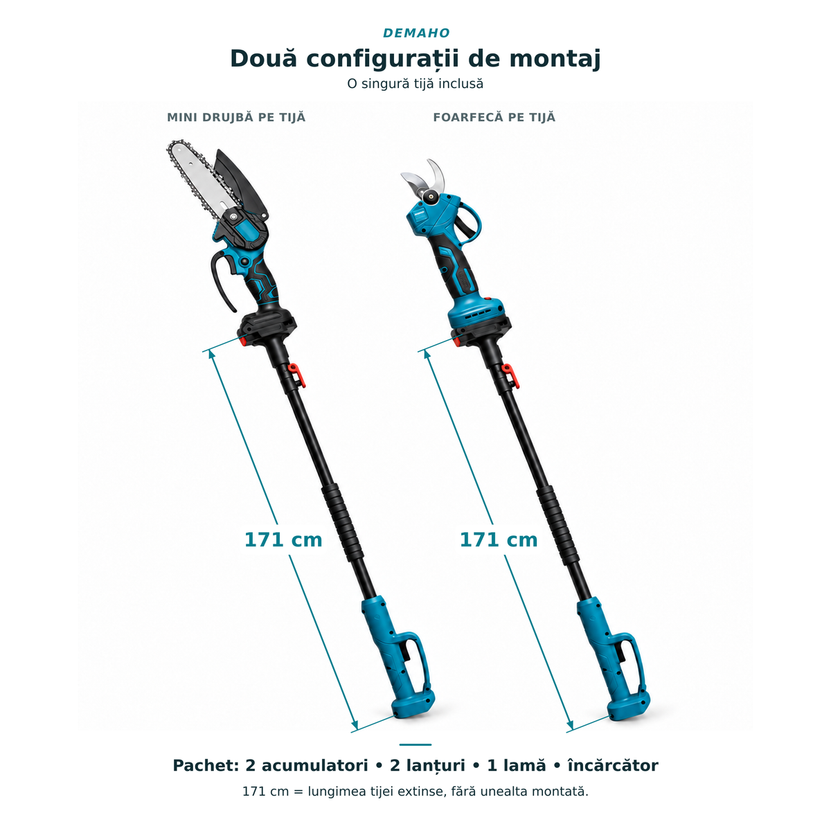 Foarfecă Electrică + Mini-Drujbă DEMAHO cu Tijă Telescopică 171cm, 2 Acumulatori 48V