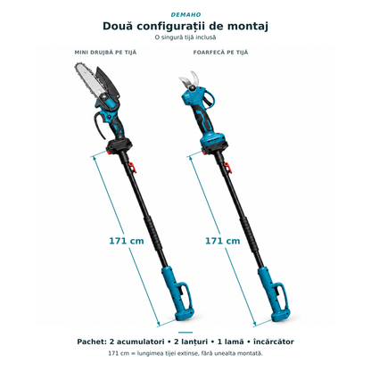Foarfecă Electrică + Mini-Drujbă DEMAHO cu Tijă Telescopică 171cm, 2 Acumulatori 48V