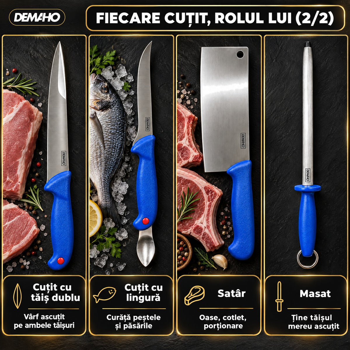 Set Cuțite Profesionale de Măcelărie DEMAHO, 8 Piese, Oțel Inoxidabil, Satâr și Masat Incluse, Mâner Antiderapant, Cutie Cadou