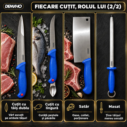 Set Cuțite Profesionale de Măcelărie DEMAHO, 8 Piese, Oțel Inoxidabil, Satâr și Masat Incluse, Mâner Antiderapant, Cutie Cadou