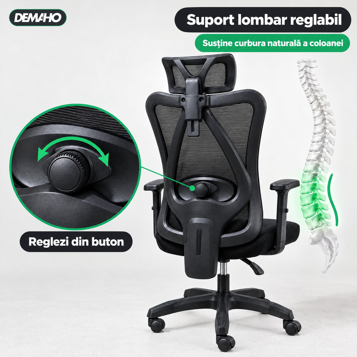 Scaun Ergonomic de Birou DEMAHO, Spătar Mesh Respirant, Suport Lombar Reglabil, Tetieră și Cotiere Reglabile, Rotativ, Negru