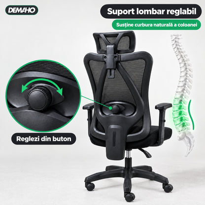 Scaun Ergonomic de Birou DEMAHO, Spătar Mesh Respirant, Suport Lombar Reglabil, Tetieră și Cotiere Reglabile, Rotativ, Negru