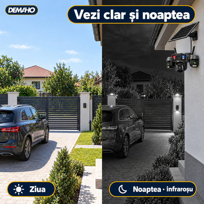 Cameră de Supraveghere Solară 4G cu 3 Obiective, Panou Solar Inclus, Baterie 12.000 mAh, Înregistrare Non-Stop 24/7, Rotire PTZ, Detecție Persoane, Audio Bidirecțional, Vedere Nocturnă, Negru