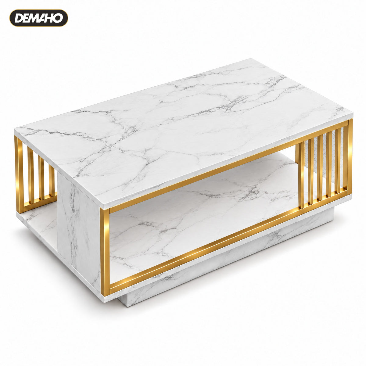 Măsuță de Cafea cu Aspect de Marmură Albă și Cadru Auriu, Raft Deschis de Depozitare, 120 × 60 × 42 cm, Design Modern de