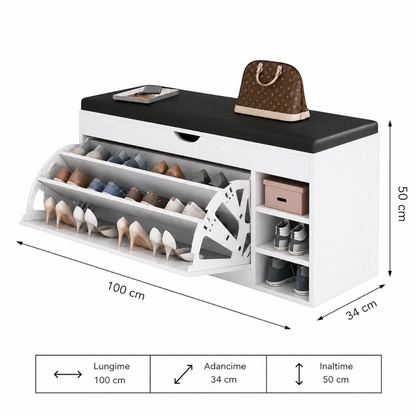 Dulap pentru pantofi tip bancheta Alb, 6 rafturi, 100x34x50 cm