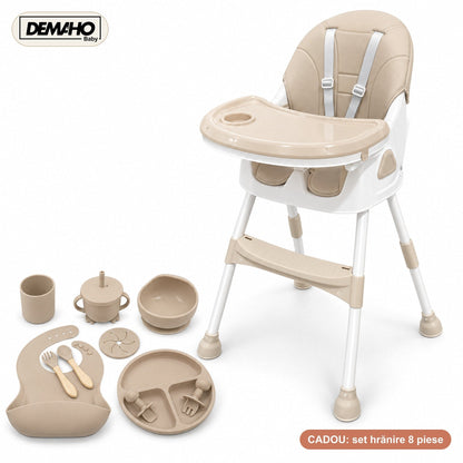 Scaun de Masă pentru Bebeluși DEMAHO Baby, 2 Înălțimi, Pliabil, Tăviță Detașabilă, Centură de Siguranță + CADOU Set Hrăn