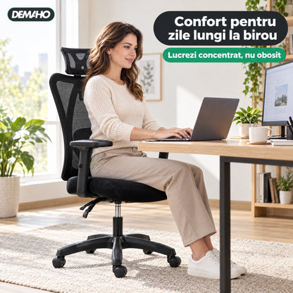Scaun Ergonomic de Birou DEMAHO, Spătar Mesh Respirant, Suport Lombar Reglabil, Tetieră și Cotiere Reglabile, Rotativ, Negru