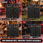 Set Boxe Active Profesionale DEMAHO 600W RMS, 95 cm, 4 Difuzoare 25 cm, Karaoke, Bluetooth, USB, Radio FM, Ecran LCD + CADOU Microfon și Telecomandă
