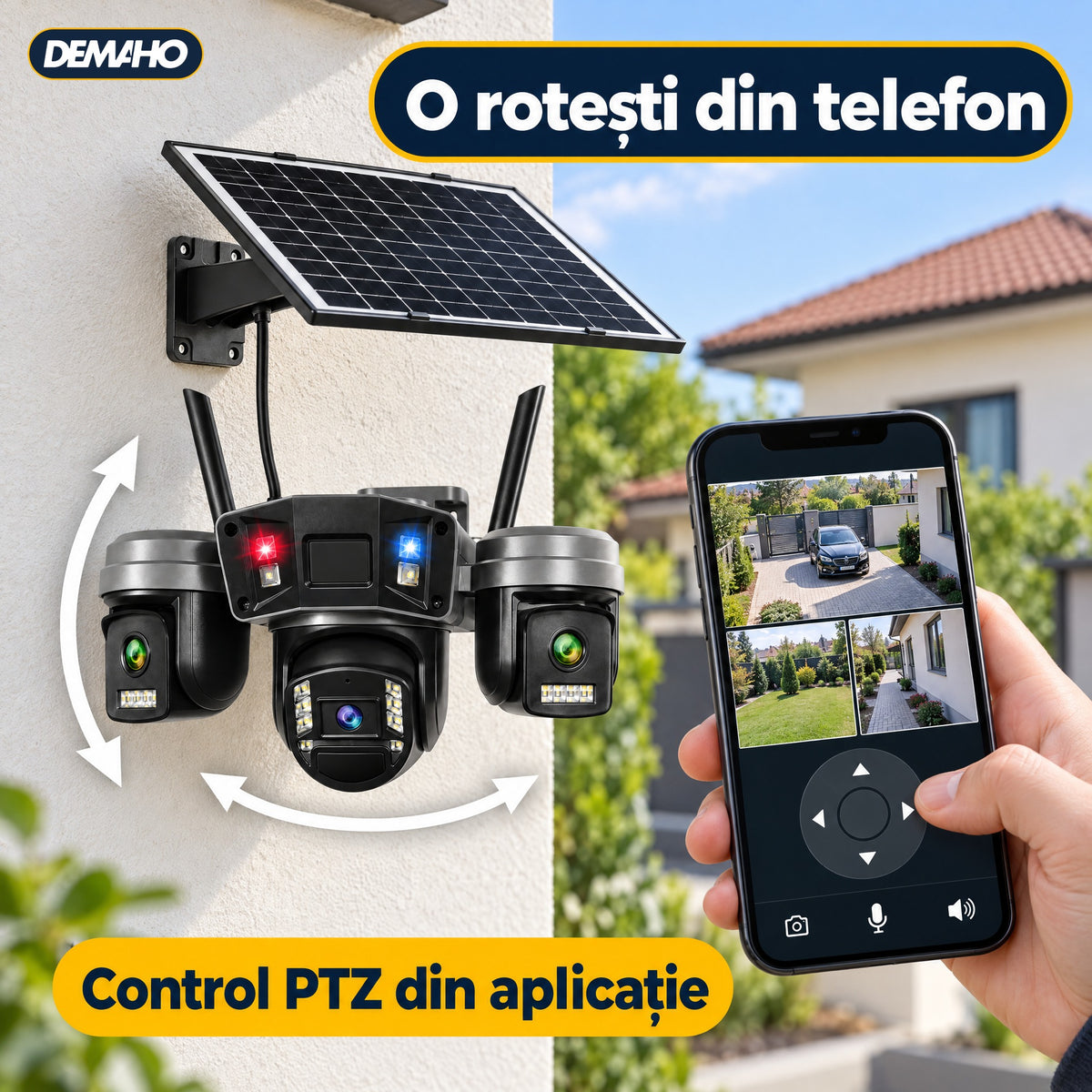 Cameră de Supraveghere Solară 4G cu 3 Obiective, Panou Solar Inclus, Baterie 12.000 mAh, Înregistrare Non-Stop 24/7, Rotire PTZ, Detecție Persoane, Audio Bidirecțional, Vedere Nocturnă, Negru