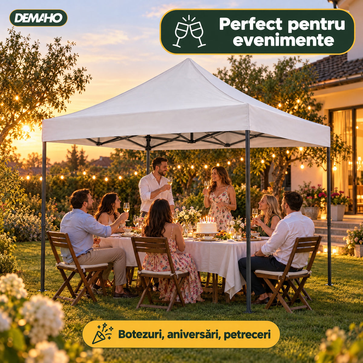 Cort Pavilion Pliabil 3 x 3 m DEMAHO, Cadru din Oțel tip Acordeon, Acoperiș Impermeabil, Montaj Rapid fără Unelte, pentr