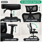 Scaun Ergonomic de Birou DEMAHO, Spătar Mesh Respirant, Suport Lombar Reglabil, Tetieră și Cotiere Reglabile, Rotativ, Negru