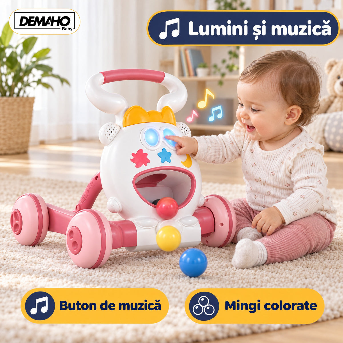 Premergător de Activități 3 în 1 DEMAHO, Lumini și Muzică, Mingi Colorate, Jucării Detașabile, Roți Antiderapante, Pliabil, 6-36 Luni
