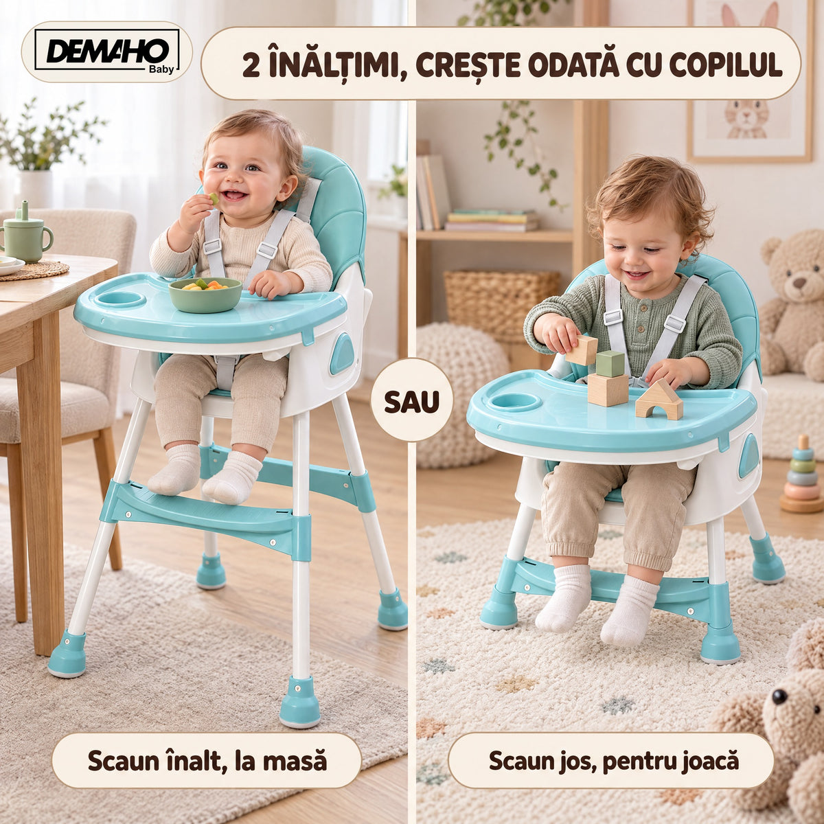 Scaun de Masă pentru Bebeluși DEMAHO Baby, 2 Înălțimi, Pliabil, Tăviță Detașabilă, Centură de Siguranță + CADOU Set Hrăn