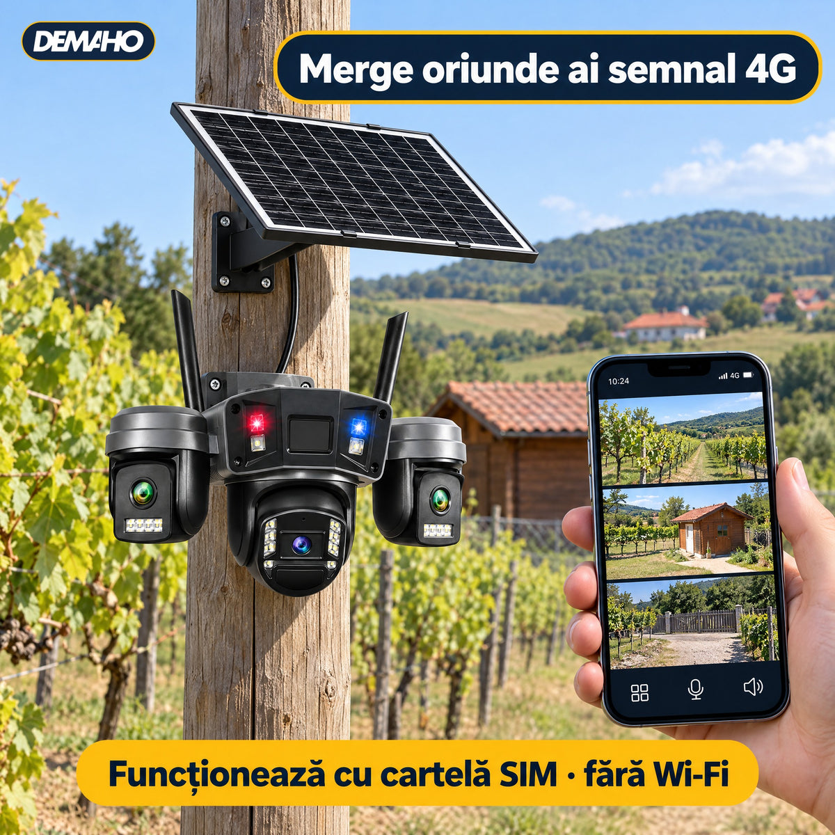 Cameră de Supraveghere Solară 4G cu 3 Obiective, Panou Solar Inclus, Baterie 12.000 mAh, Înregistrare Non-Stop 24/7, Rotire PTZ, Detecție Persoane, Audio Bidirecțional, Vedere Nocturnă, Negru