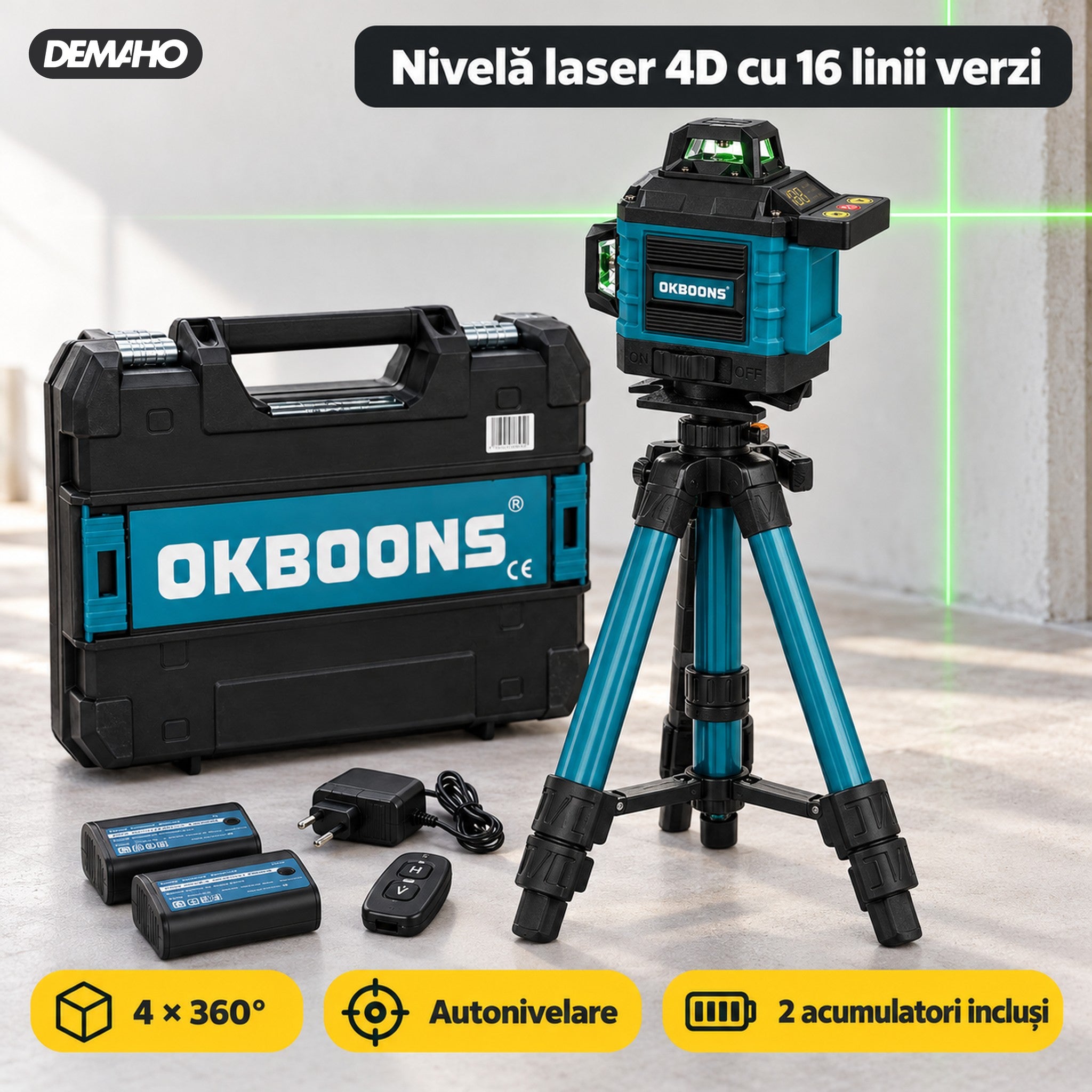 Nivela Laser Profesională OKBOONS 4D 16 Linii 360° cu Linii Verzi - 2 Baterii Li-ion, Telecomandă + Trepied, Servietă Transport