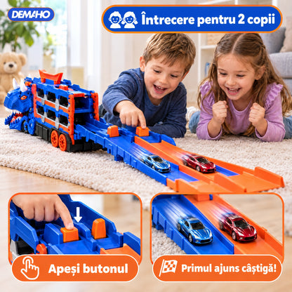 Camion Transportor Dinozaur 2 în 1, se Transformă în Pistă de Curse de 1,5 m, Lansare Dublă, Înghite Mașinuțe, Garaj pe 2 Etaje, 6 Mașinuțe Incluse, Albastru, 3+ ani