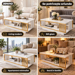 Măsuță de Cafea cu Aspect de Marmură Albă și Cadru Auriu, Raft Deschis de Depozitare, 120 × 60 × 42 cm, Design Modern de