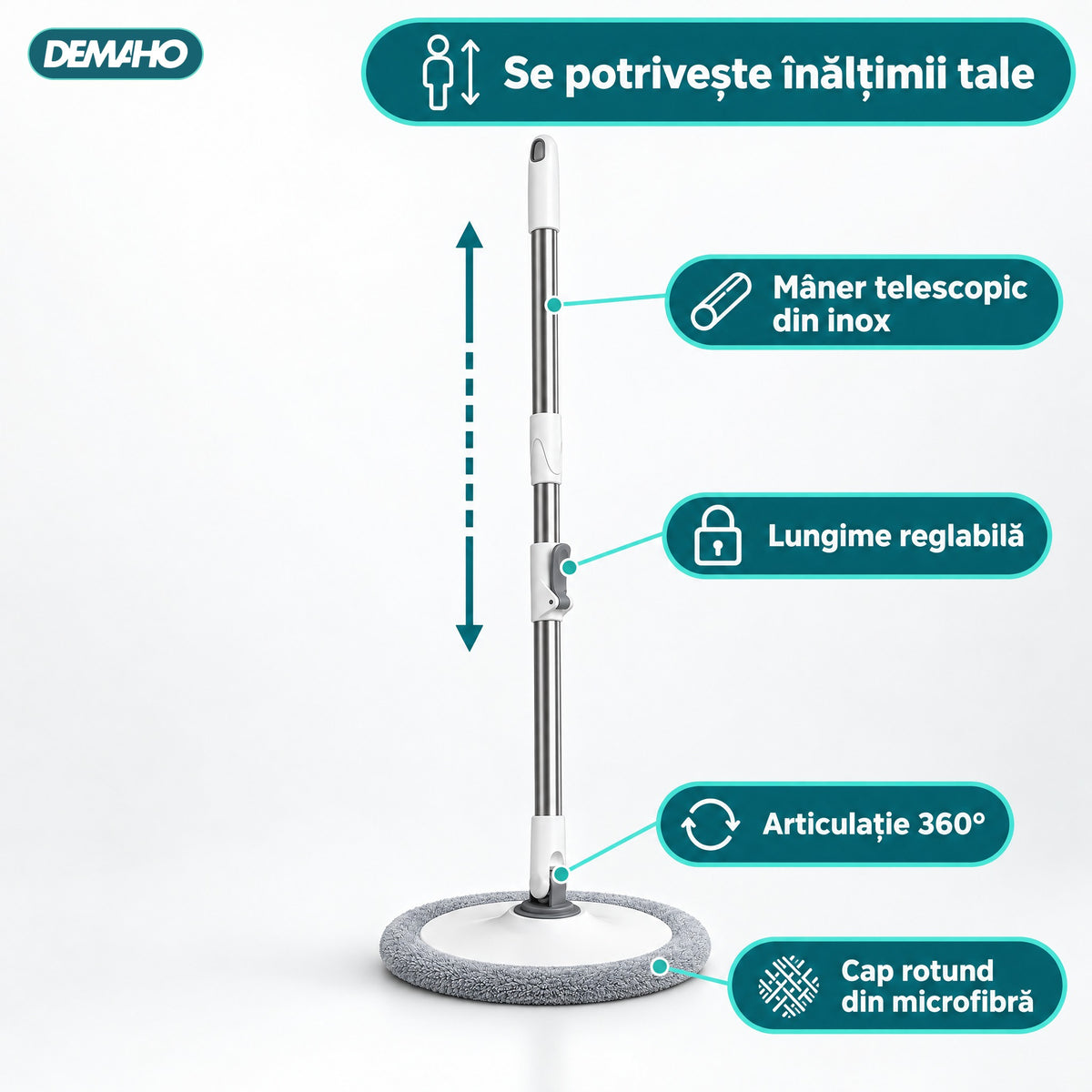 Set Mop Rotativ cu Auto-Spălare, Găleată cu Apă Curată și Murdară Separate, Stoarcere 360°, Mâner Telescopic din Inox, 2