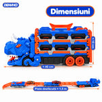 Camion Transportor Dinozaur 2 în 1, se Transformă în Pistă de Curse de 1,5 m, Lansare Dublă, Înghite Mașinuțe, Garaj pe 2 Etaje, 6 Mașinuțe Incluse, Albastru, 3+ ani