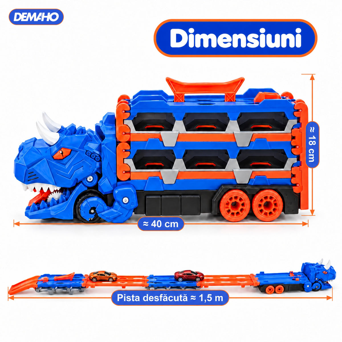 Camion Transportor Dinozaur 2 în 1, se Transformă în Pistă de Curse de 1,5 m, Lansare Dublă, Înghite Mașinuțe, Garaj pe 2 Etaje, 6 Mașinuțe Incluse, Albastru, 3+ ani