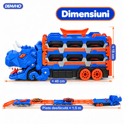 Camion Transportor Dinozaur 2 în 1, se Transformă în Pistă de Curse de 1,5 m, Lansare Dublă, Înghite Mașinuțe, Garaj pe 2 Etaje, 6 Mașinuțe Incluse, Albastru, 3+ ani