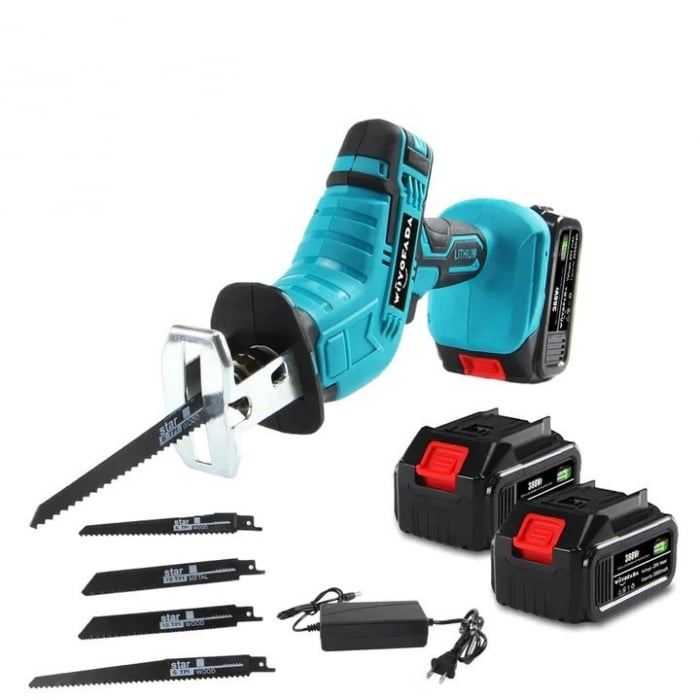 Fierastrau electric tip sabie DEMAHO®, cu 2 acumulatori 48V 5000 mAh, 4 panze, valiza de transport, Albastru