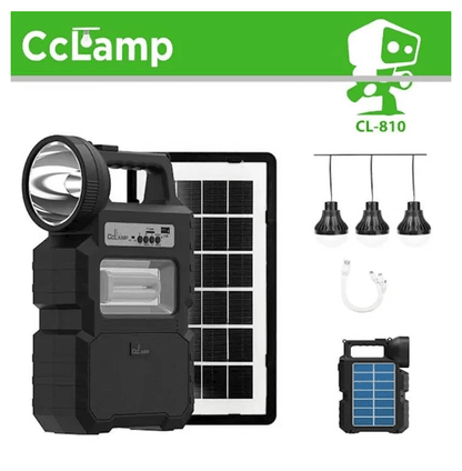 Kit solar camping CCLamp CL-810, 3 becuri, boxa BT, radio, USB, powerbank 4000mAh - eSeller.ro - Inovăm pentru confortul tău