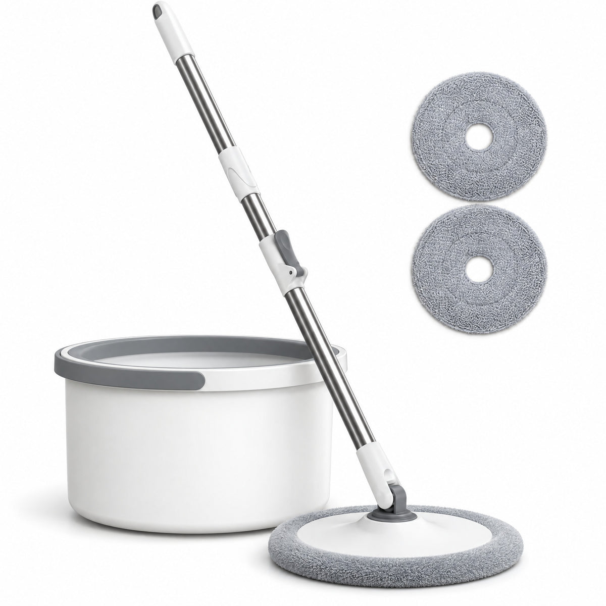 Set Mop Rotativ cu Auto-Spălare, Găleată cu Apă Curată și Murdară Separate, Stoarcere 360°, Mâner Telescopic din Inox, 2 Rezerve Microfibră, Robinet de Golire