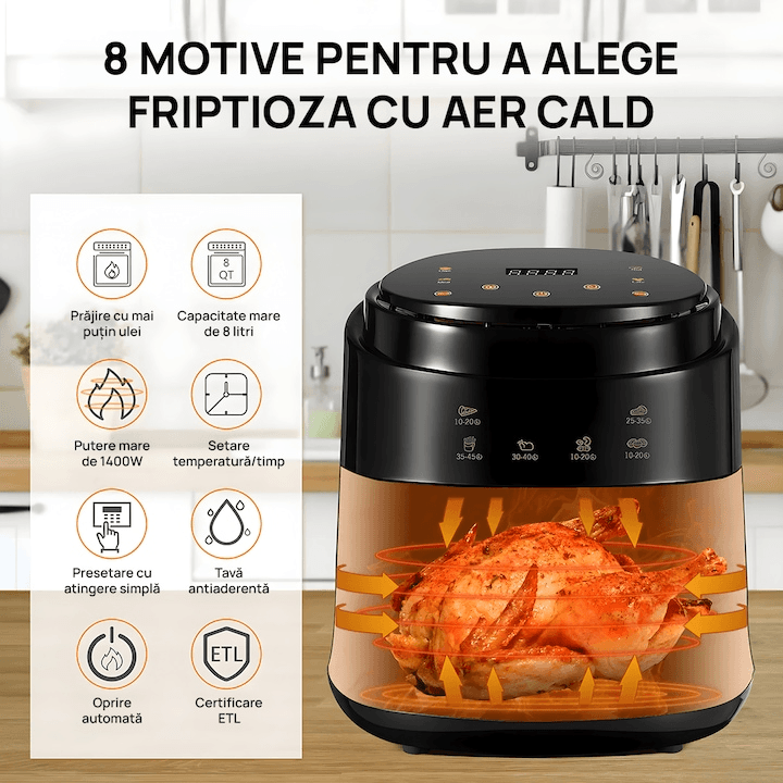 Friteuza cu aer cald, fara ulei, XL Air Fryer, 3000W, capacitate 10L, temperatura ajustabila 80-210°C, timer 60 min, pot detasabil, display digital, Negru - eSeller.ro - Inovăm pentru confortul tău