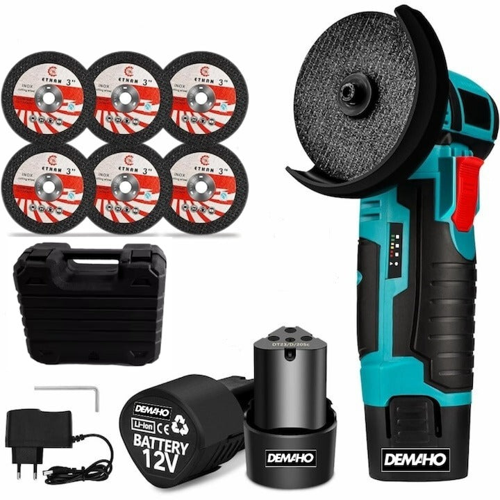 Mini Polizor Unghiular Flex Electric cu 2 acumulatori, 6 discuri, Portabil, 12v,  76MM